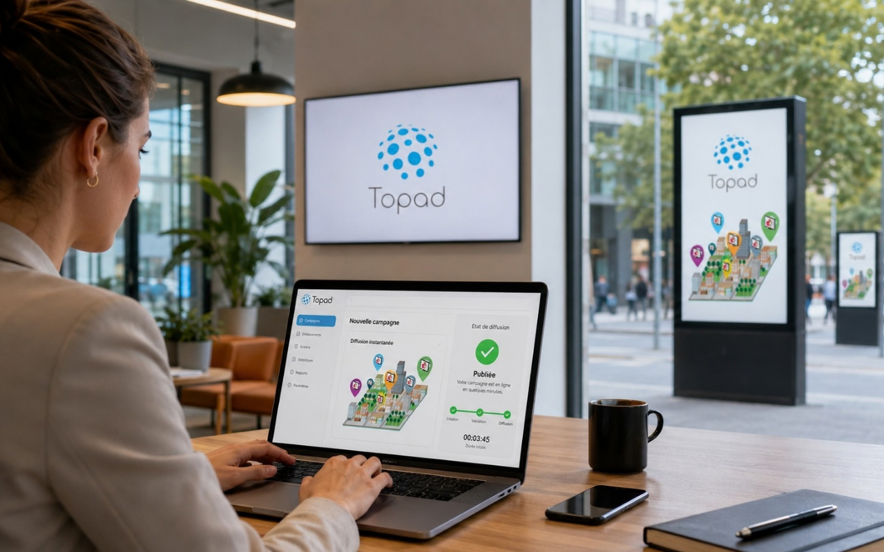 Illustration : commerce diffuseur avec un écran publicitaire connecté au réseau Topad