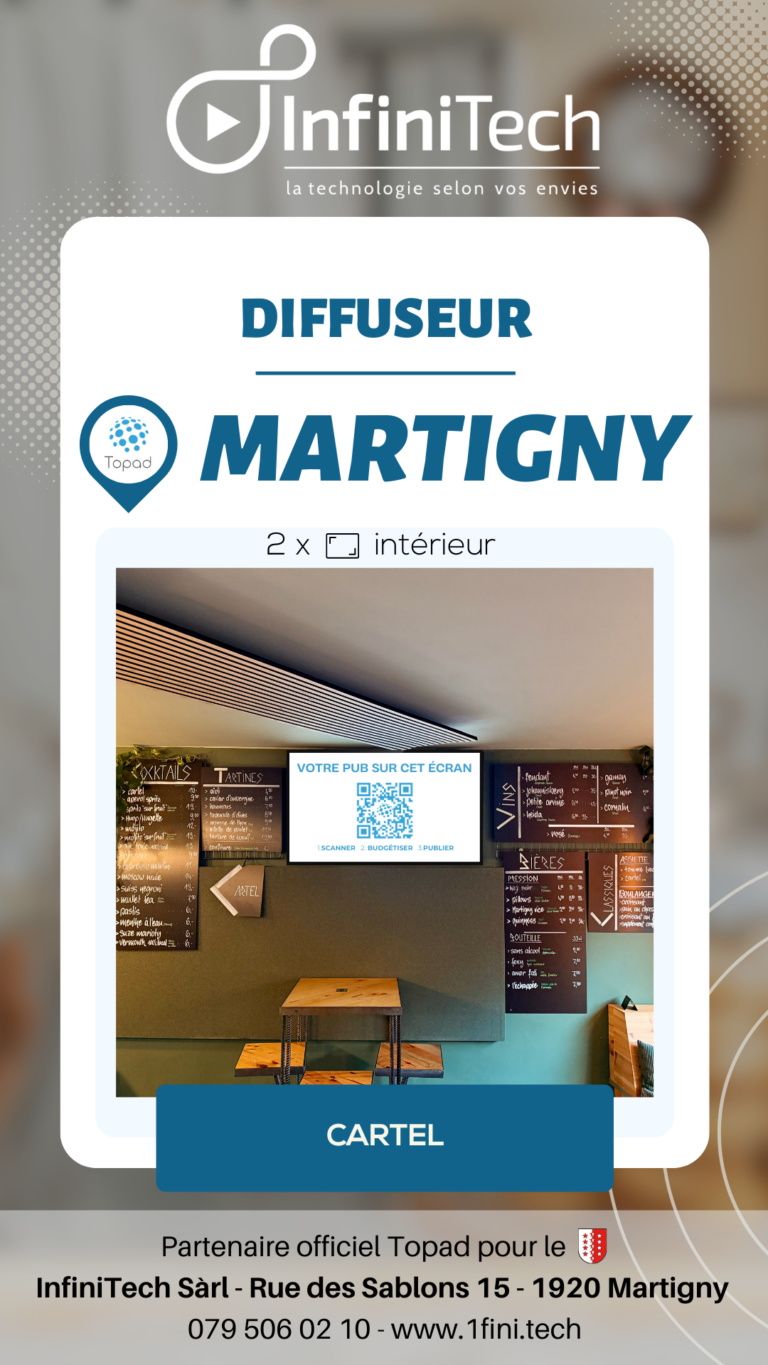 Écran publicitaire Topad installé au bar Le Cartel à Martigny